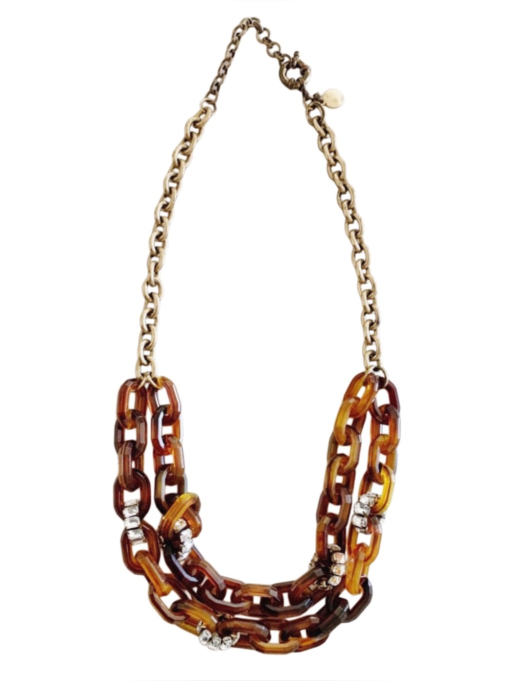 VTG J.Crew Tortoise Shell w/ Clear Crystal Rhinestone Chunky Chain Link Necklace